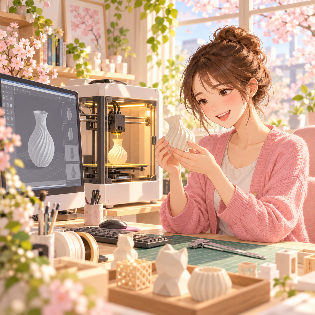3D設計と3Dプリンターでの造形に取り組むイラスト