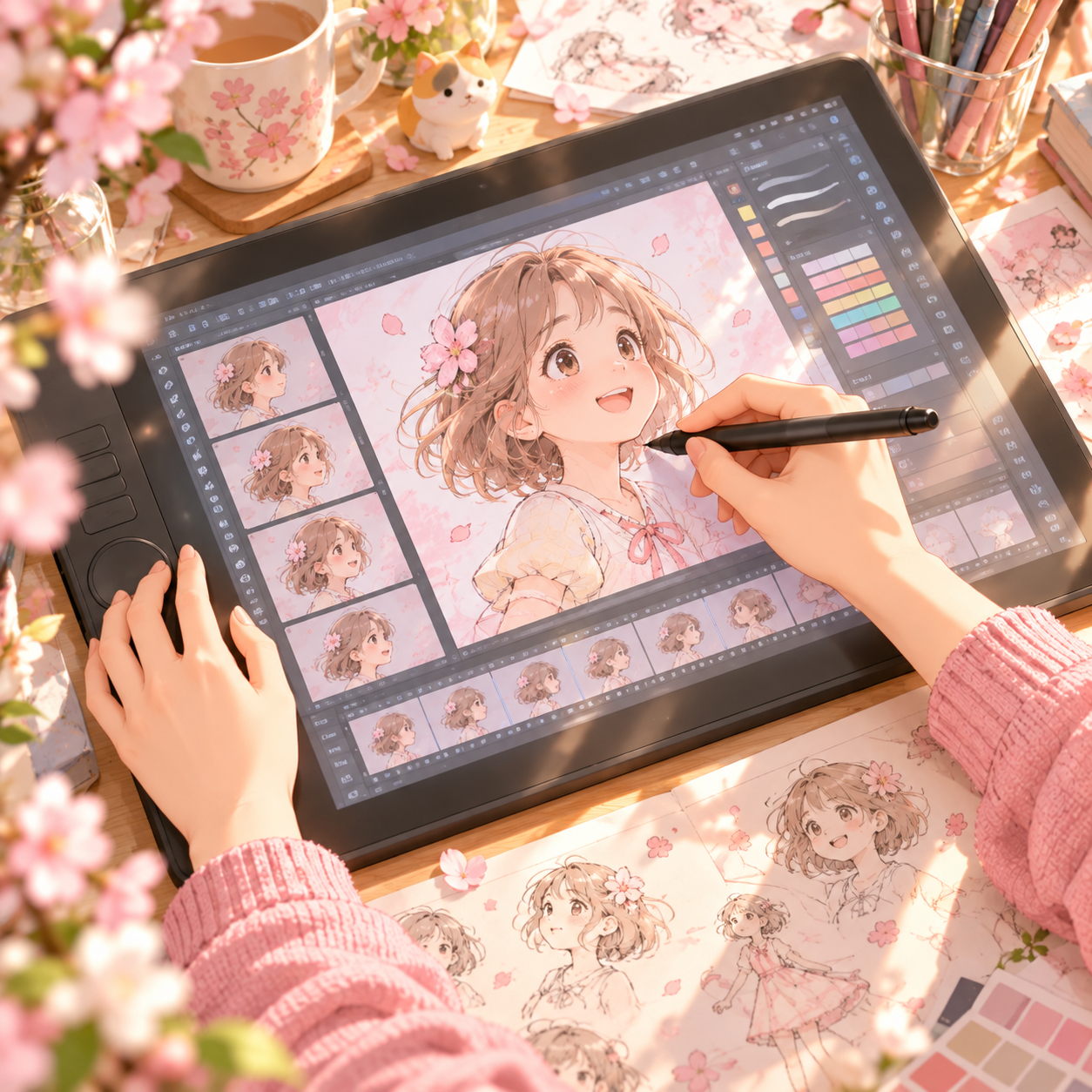 ペンタブでアニメーションを制作する手元のアップイラスト