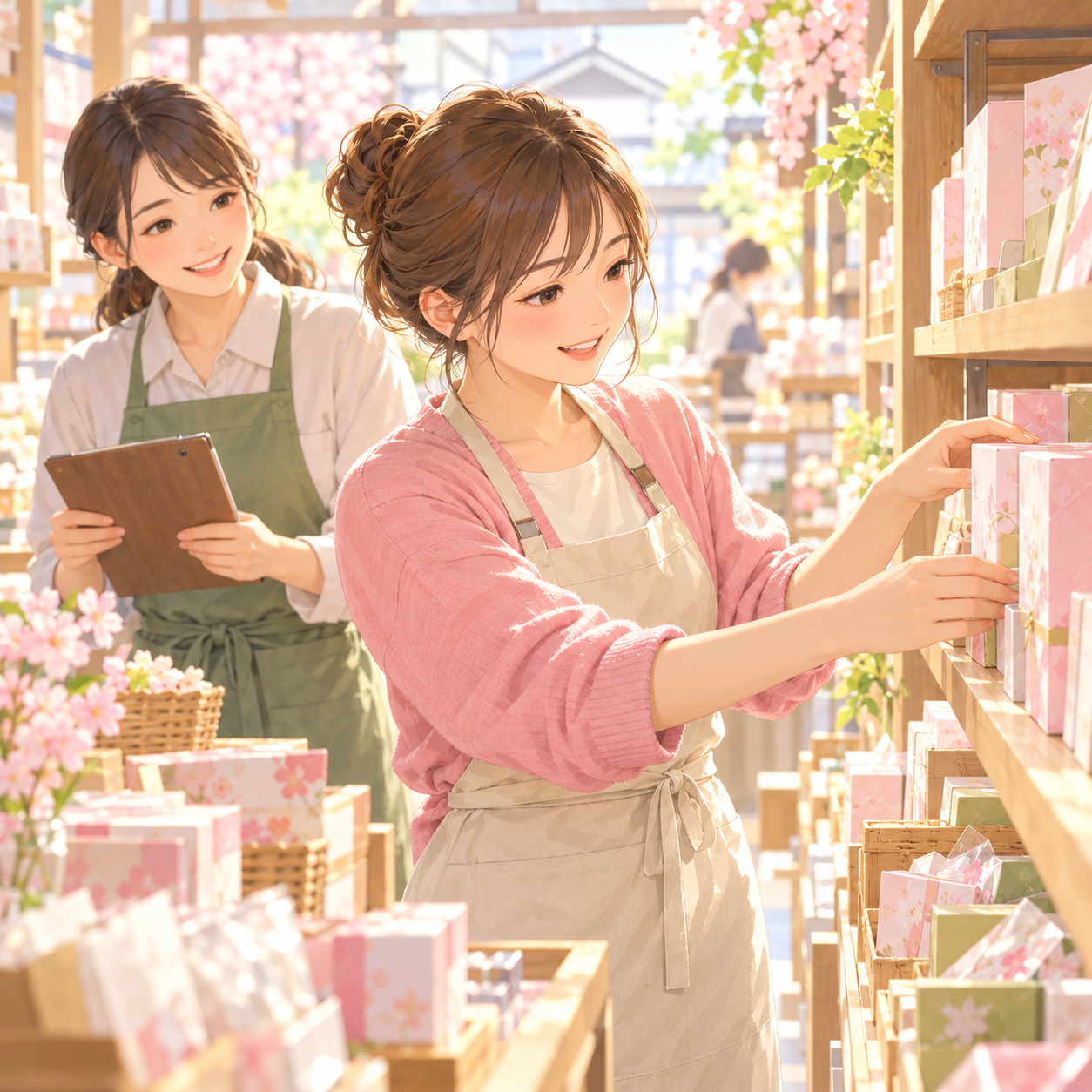 お店で商品の陳列に取り組むイラスト