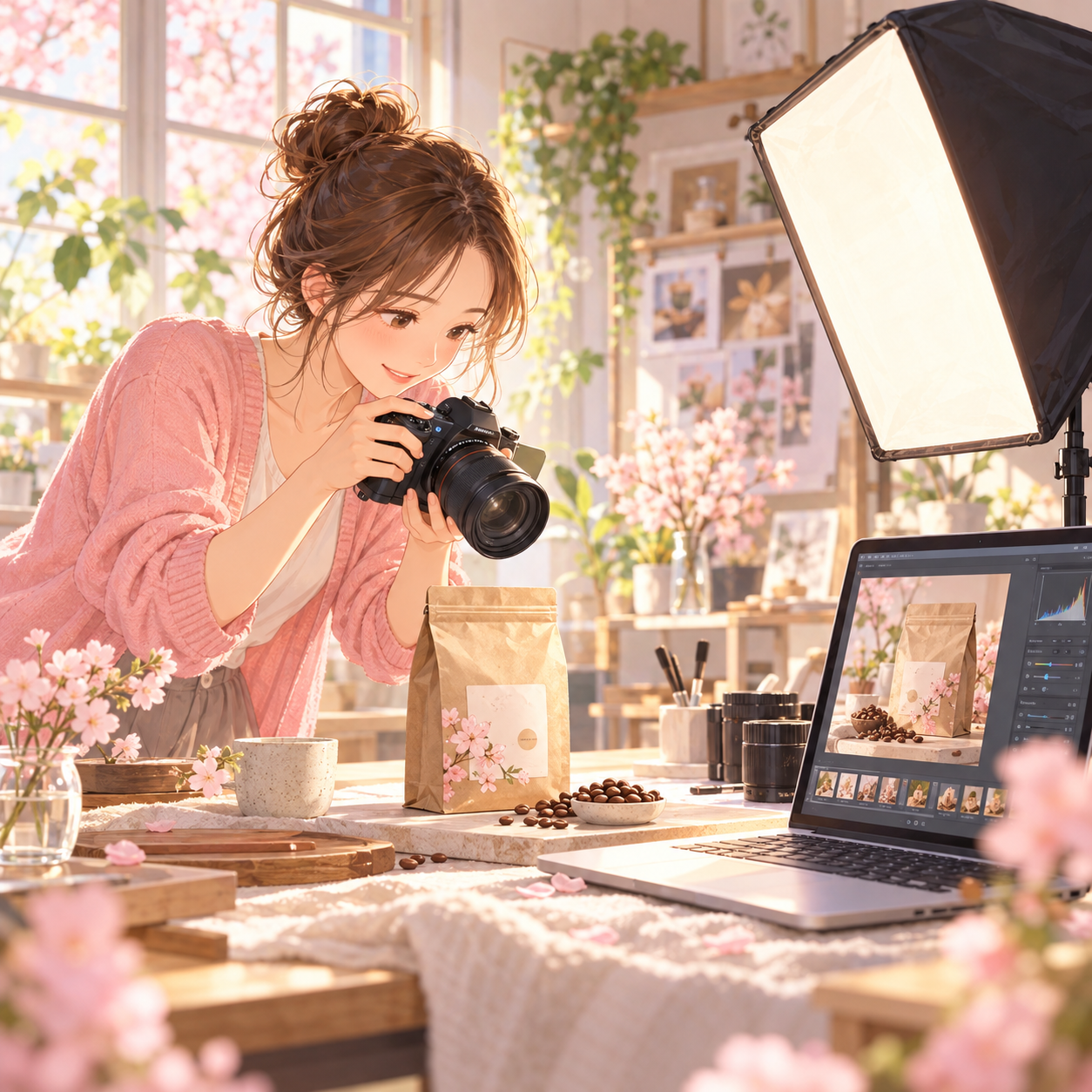 商品撮影と写真加工に取り組むイラスト
